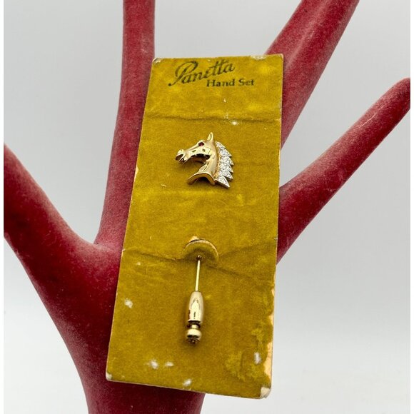 Panetta Jewelry - 1960s Panetta Pave Rhinestone Crystal Horse Head Stick Pin-Signed-RARE-NOS